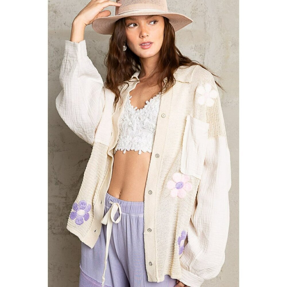 Lost in Love Floral Patch Long Sleeve Button Down Top